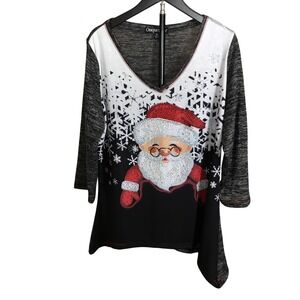 Onque Casual Christmas Santa Rhinestone XL‎ Black White Grey 3/4 Sleeve V-Neck